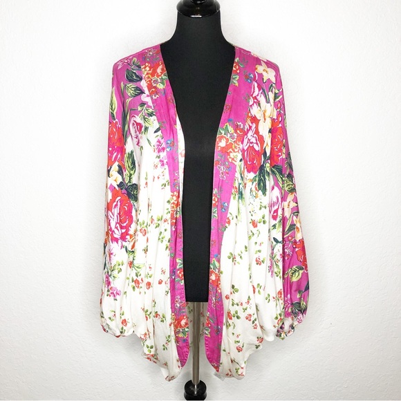 Anthropologie Tops - Anthropologie Floreat white and pink floral open front kimono top size OSFM